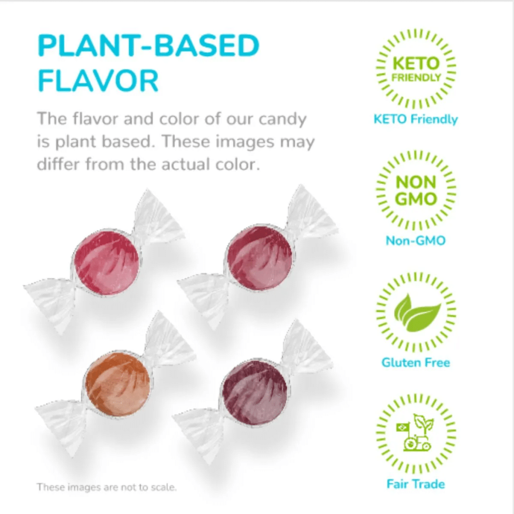 The image shows four wrapped candies in different colors (red, purple, pinkish-orange, and light purple) labeled "Plant-Based Flavor." Text highlights that the flavor and color are plant-based. Icons indicate "Keto Friendly," "Non-GMO," "Gluten Free," and "Fair Trade."