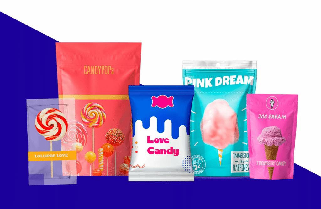 A collection of colorful candy packaging is displayed, featuring lollipops, candy pops, cotton candy, and strawberry ice cream candy. Among the bright and playful packages are designs like "CANDYPOPS," "PINK DREAM," "Love Candy," and "LOLLIPOP LOVE".