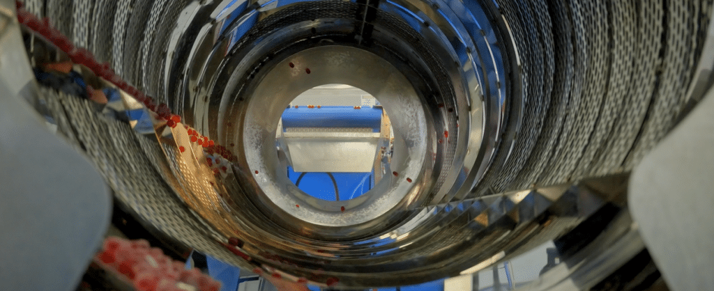 Inside the large industrial spiral freezer, a SaintyCo GummyGenix Sugar Coating Drum complements the stainless steel chamber. Red and pink food items descend via conveyor belt, illuminated by blue and natural light.