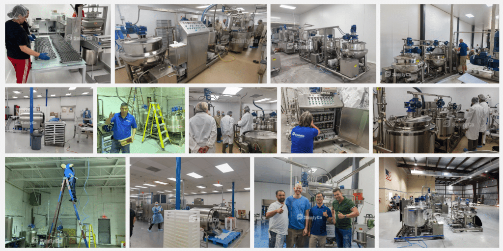 A collage of various industrial kitchen and SaintyCo GummyGenix Gummy machinery scenes shows dedicated service as people work with large stainless steel equipment, mixing machines, and control panels. Clad in protective clothing and hairnets, workers ensure efficiency and safety in the sterile production environments.