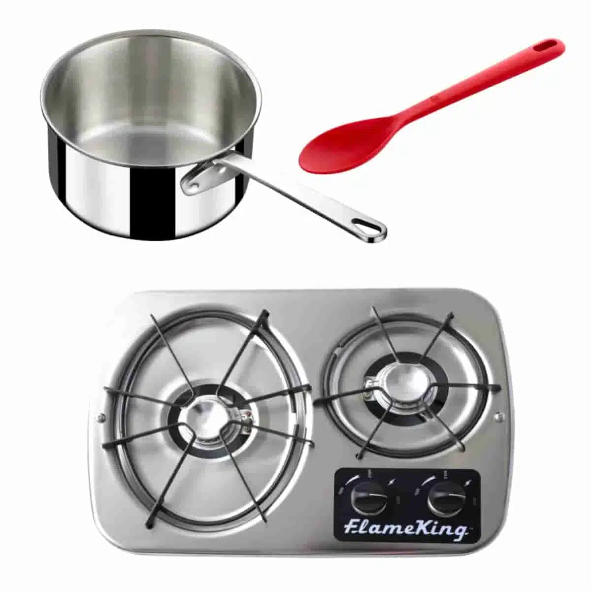 A stainless steel saucepan and a red spoon rest above the portable two-burner stovetop from "FlameKing," perfect for experimenting with how to make gummy bears at home.