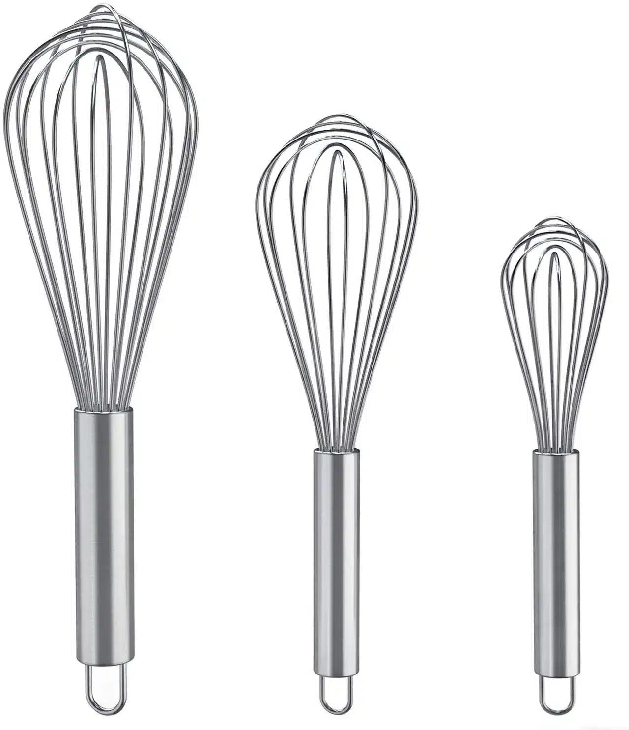 Three metal whisks of varying sizes=