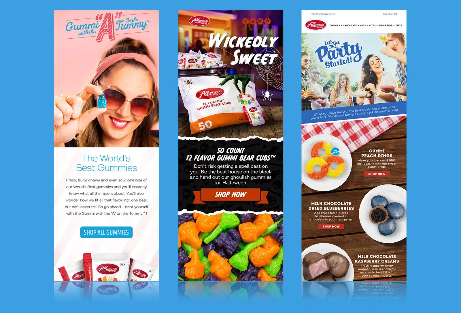 Colorful sugar-free gummy candies on display with digital marketing elements in the background.