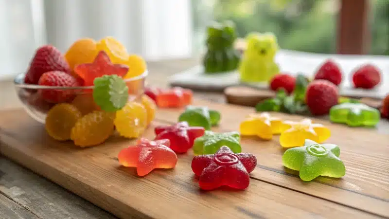 Assorted colorful creatine gummies on a wooden table