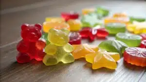 Close-up of colorful creatine gummies in various shapes