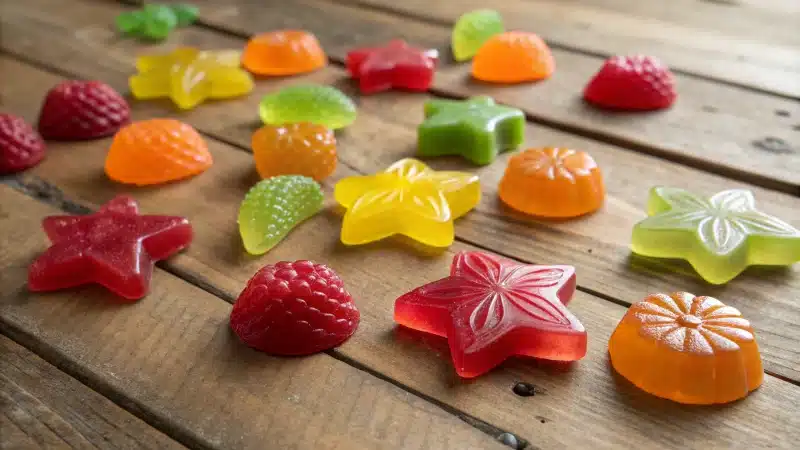 An assortment of colorful energy gummies on a rustic wooden table