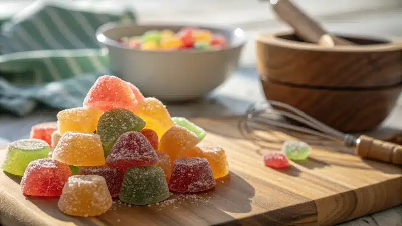 Colorful gummy candies on a wooden surface