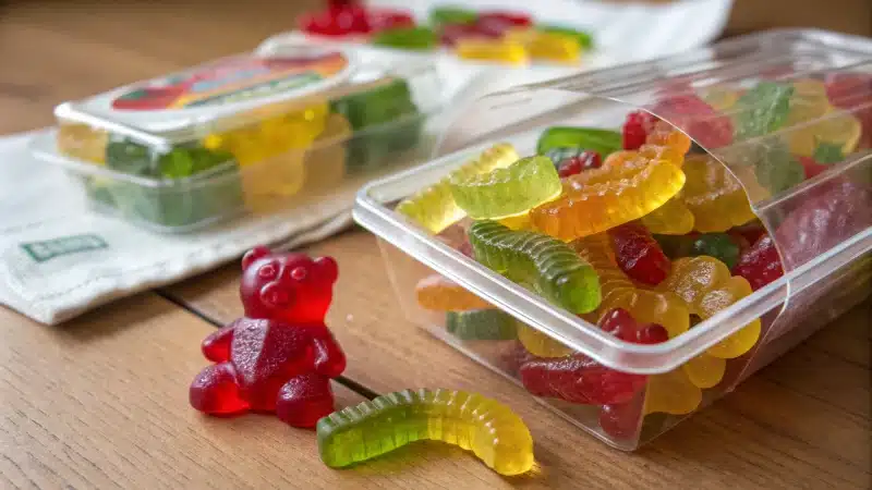 Close-up of colorful jelly candies in clear packaging