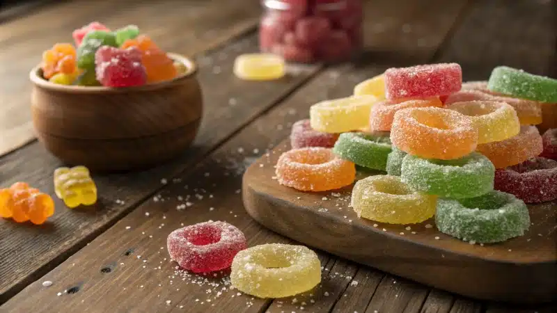 Colorful sour gummies on a wooden table