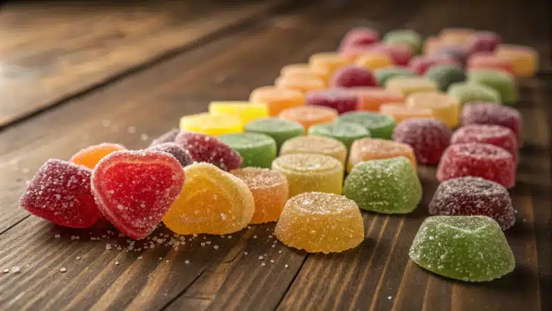 A colorful assortment of gummy candies on a wooden table.