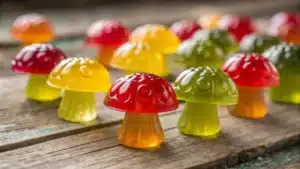 Colorful gummy vitamins shaped like mushrooms on a wooden table.