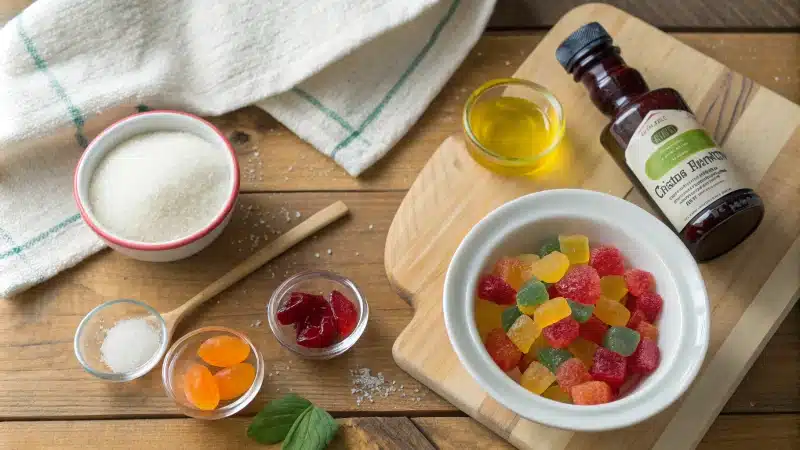 Flat lay of jelly candy ingredients on a wooden table