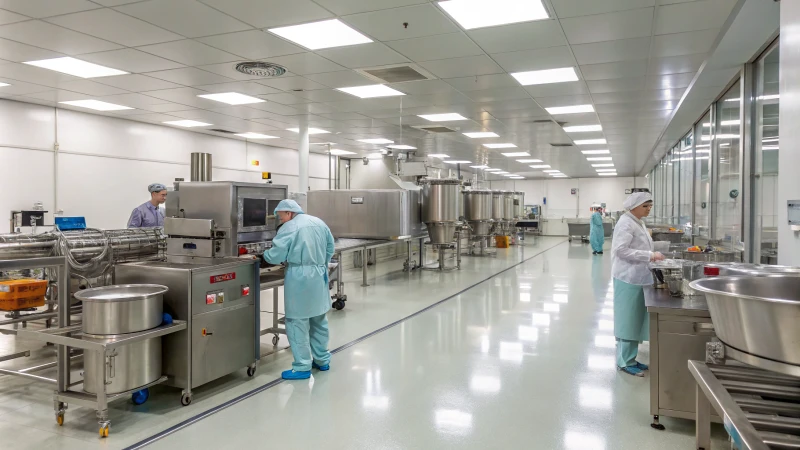 Inside a gummy candy production facility with workers and machinery