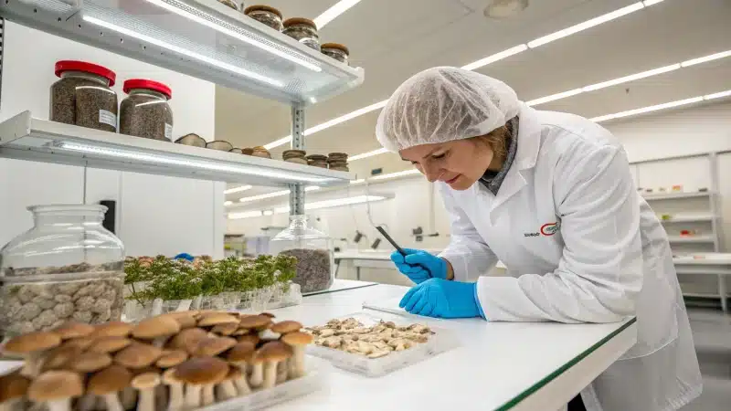 Technician inspecting gummy samples in a modern laboratory