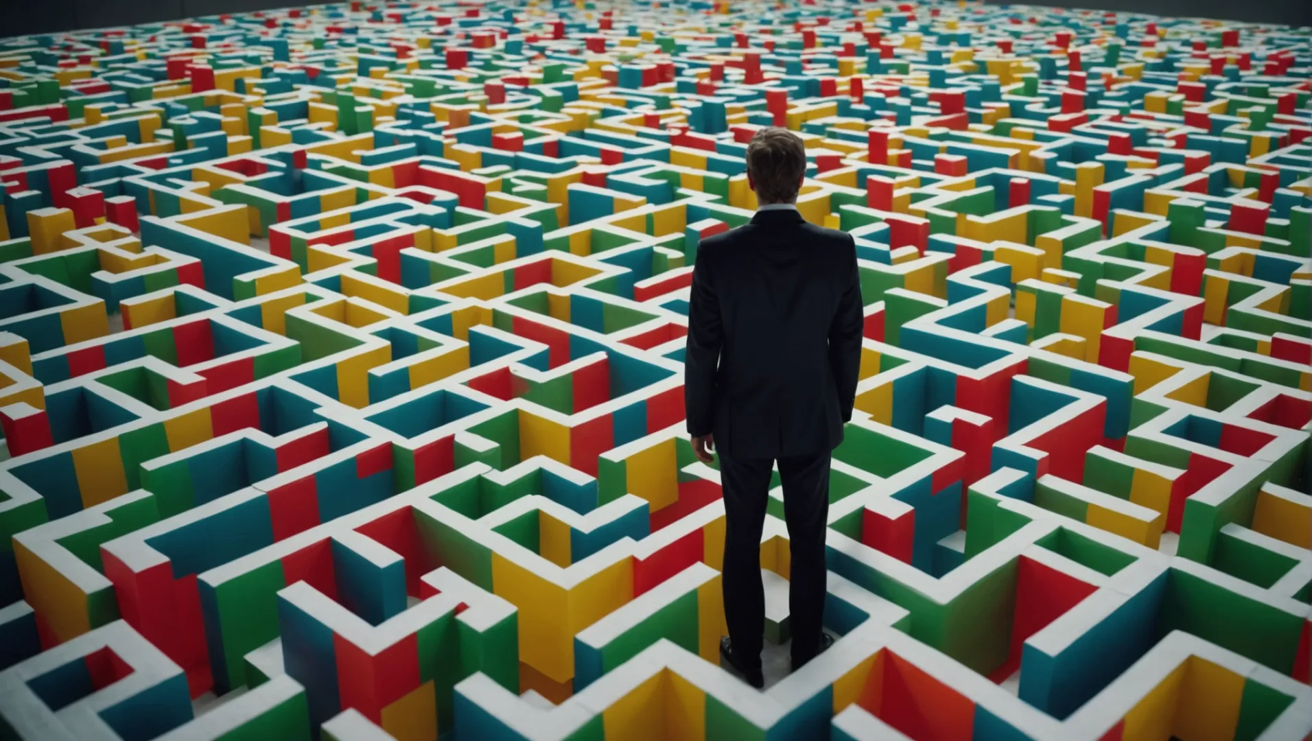 A businessman navigating through a maze of legal papers and supplement bottles