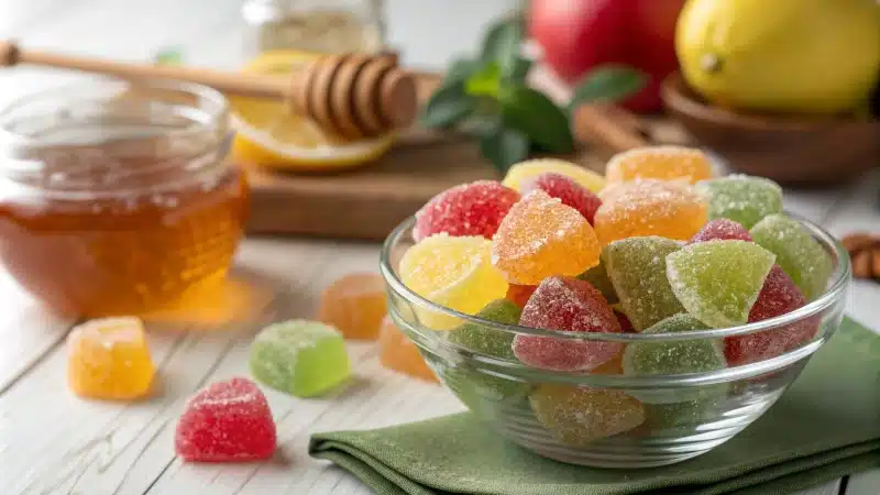 A close-up view of a glass bowl filled with colorful homemade sour gummies shaped like fruits.