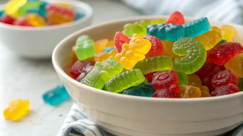 A bowl of colorful sour gummies in playful shapes