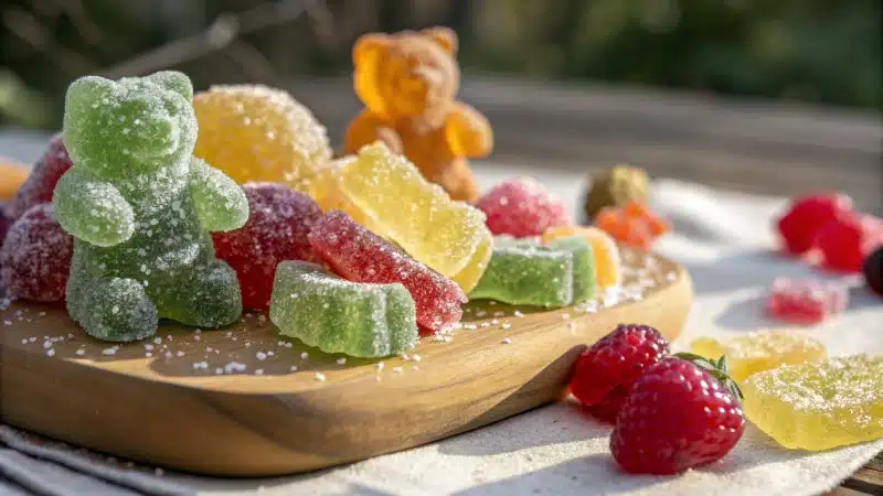 Close-up of assorted homemade sour gummies in fruit shapes and bear figures