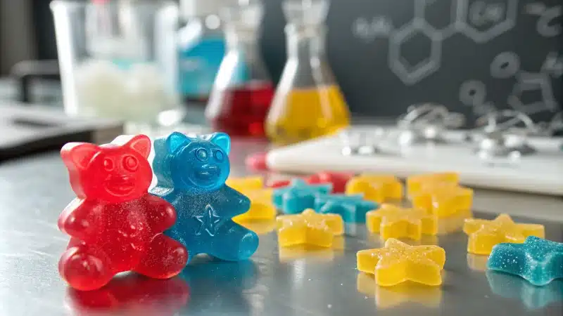 Close-up of colorful creatine gummies shaped like bears and stars on a laboratory bench