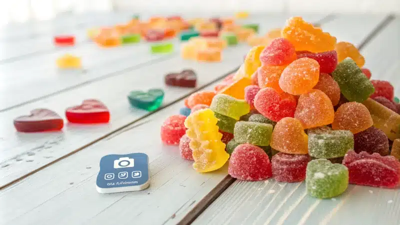 Assorted gummy candies arranged on a bright wooden table