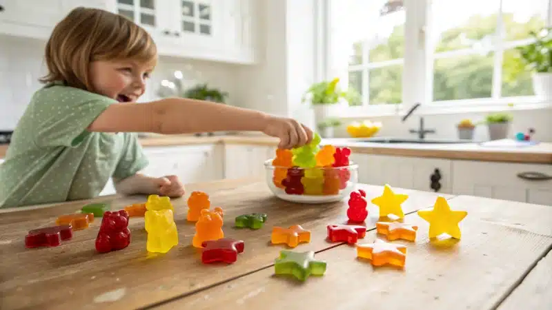 A child's hand reaching for colorful sugar-free gummies on a kitchen table.