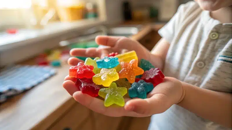 A child's hand holding colorful vitamin gummies