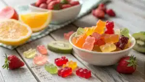 An assortment of colorful sugar-free gummies on a wooden table with sweeteners and fruit slices