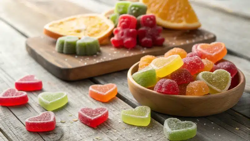 A close-up of colorful vegan gummies on a rustic wooden table.