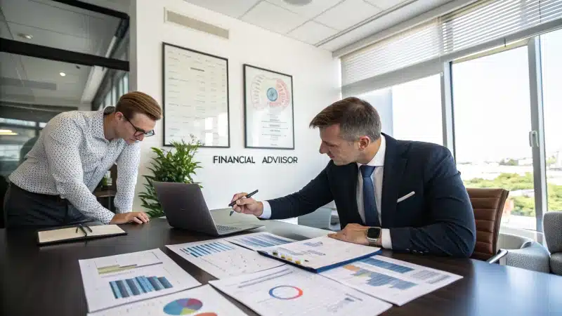 A financial advisor consulting a business owner in a modern office