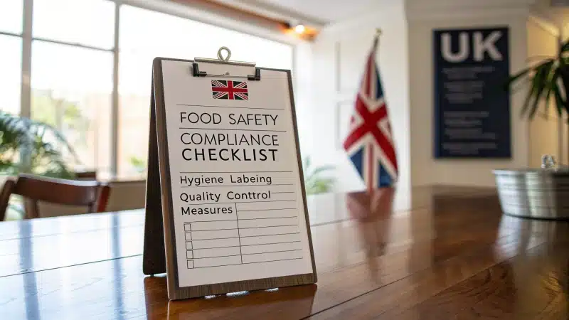 A food safety compliance checklist on a wooden table.