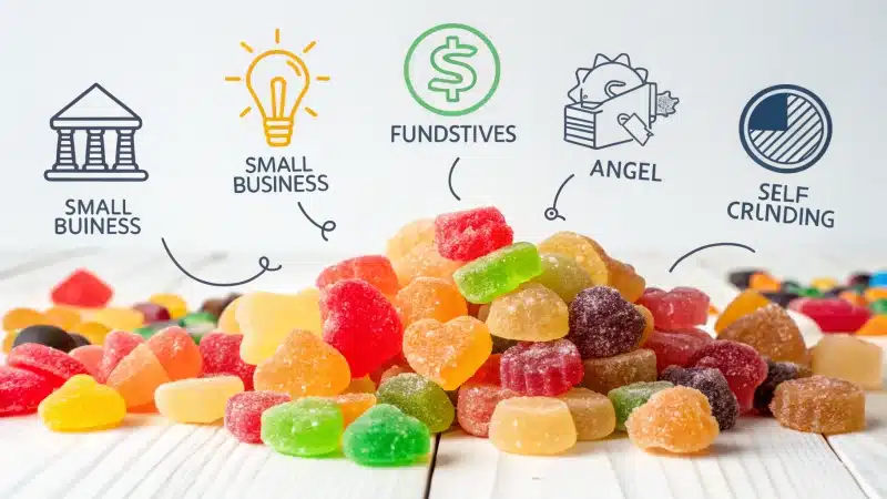 Colorful gummy candies with funding symbols