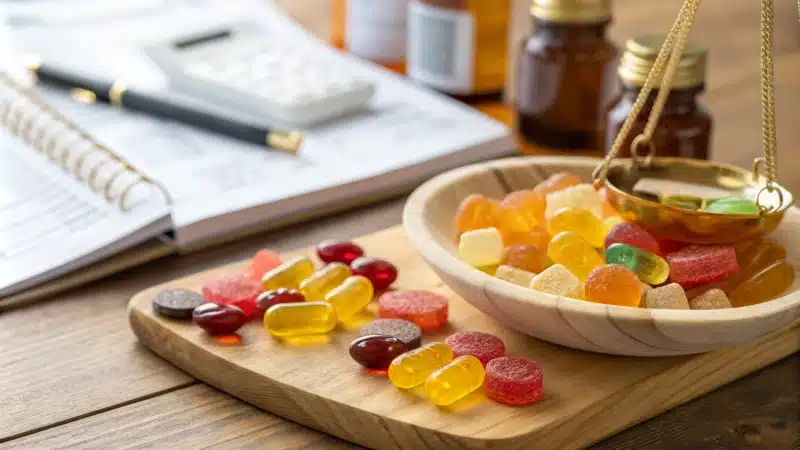 Colorful gummy vitamins on a wooden table with regulatory documents and a weighing scale