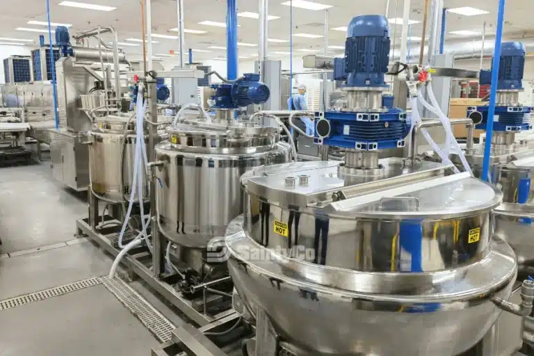 Inside a gummy manufacturing facility, there are several stainless steel mixing tanks with blue motors mounted on top. Tubes and pipes are connected to the tanks, and the floor is clean and well-lit.