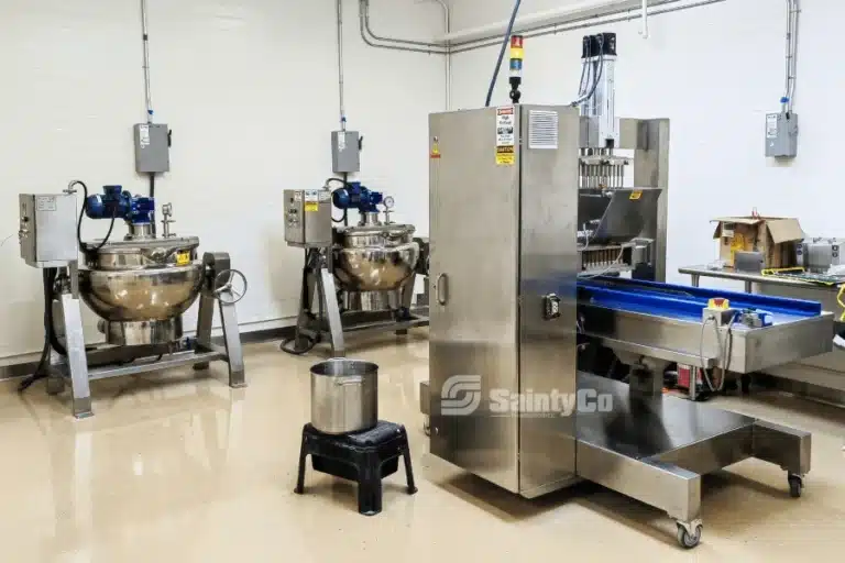 A clean industrial gummy kitchen with stainless steel gummy making machinery, including mixers and a depositing system. The floor is polished, and electrical outlets are visible on the white brick walls. Various control panels and safety labels are present on the machines.