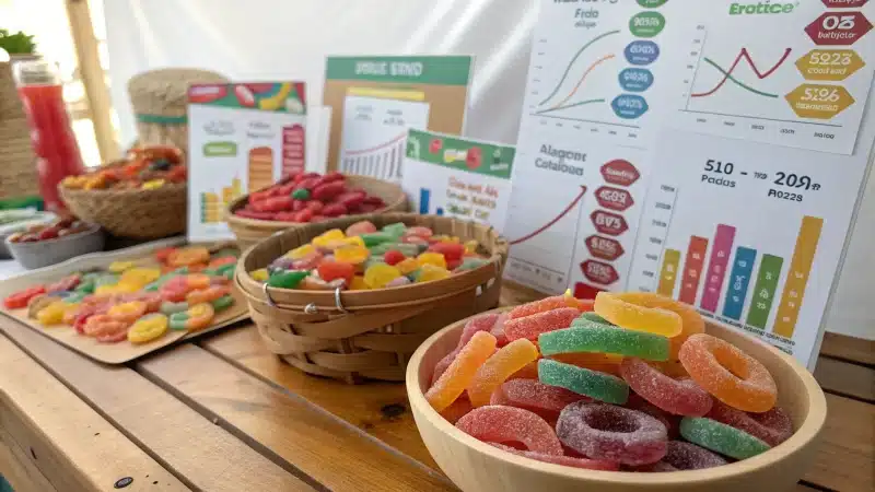 Assorted gummy candies with price tags and graphs