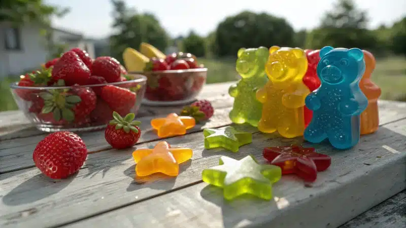 A colorful arrangement of gummy candies on a wooden table.