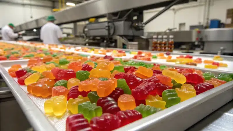 Close-up of colorful sugar-free gummies on a production line