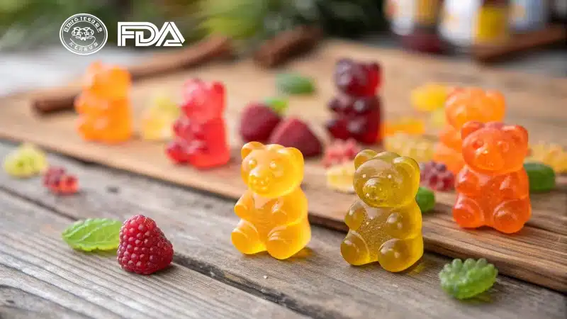 A colorful assortment of gummy bears and fruit gummies on a rustic wooden table.