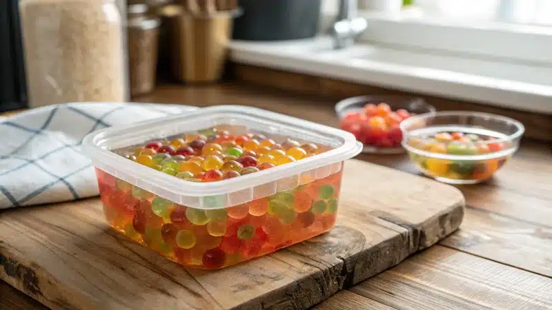 A close-up of a clear container filled with vibrant boba in syrup on a wooden countertop