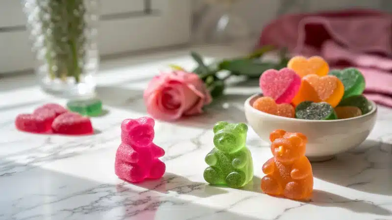 A collection of colorful beauty gummies on a marble countertop