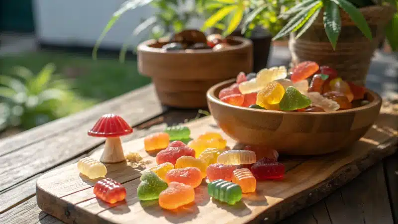 Assortment of colorful CBD and mushroom gummies on a wooden table