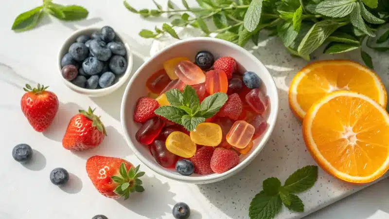 A bowl of colorful gummies surrounded by fresh fruits and herbs