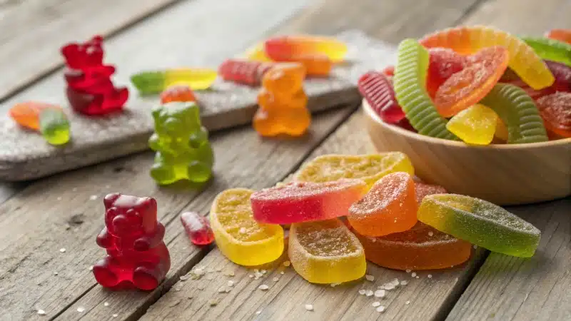 Assortment of colorful gummy candies on a rustic table