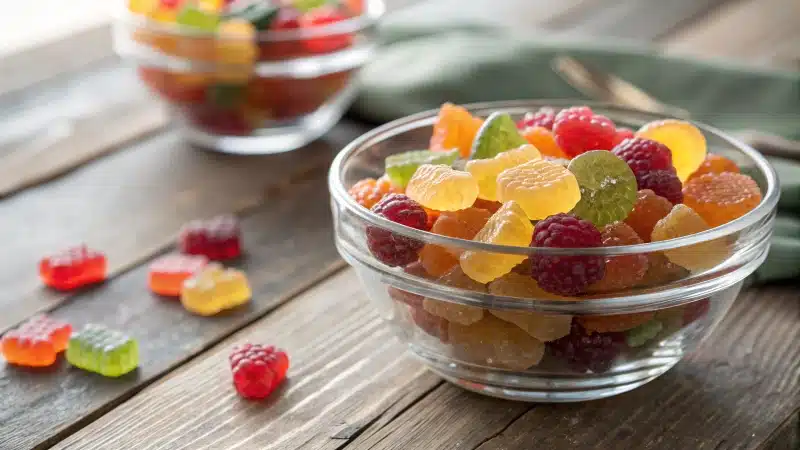 A clear glass bowl filled with colorful sugar-free gummy candies on a wooden table