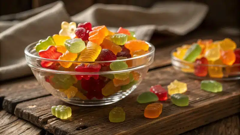 A glass bowl filled with colorful vegan gummies