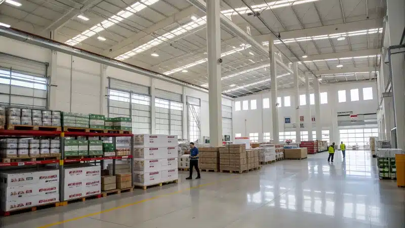 Interior of a modern warehouse with organized shelves