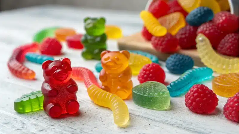 Assorted gummy candies in various shapes and colors