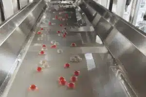 Red and white spheres floating in water move along a SaintyCo stainless steel industrial conveyor system, powered by a GummyGenix popping boba maker, inside a brightly lit facility.