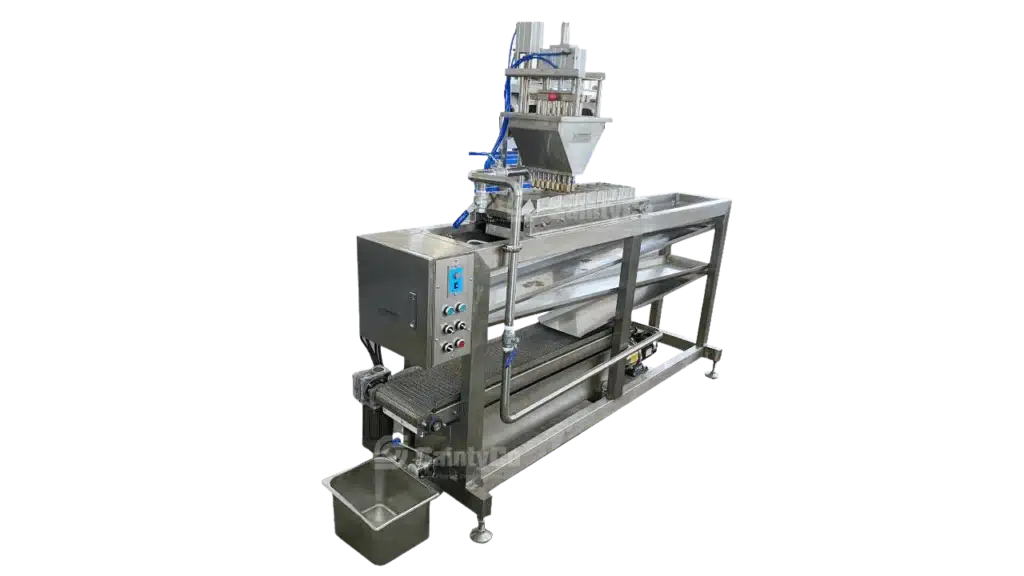 SaintyCo Industrial stainless steel ice cream cone filling machine with conveyor belt and multiple nozzles, designed for automated production. GummyGenix machine includes control buttons, a digital display on the side panel, and a catch tray underneath—ideal for integrating a popping boba pearls depositor.