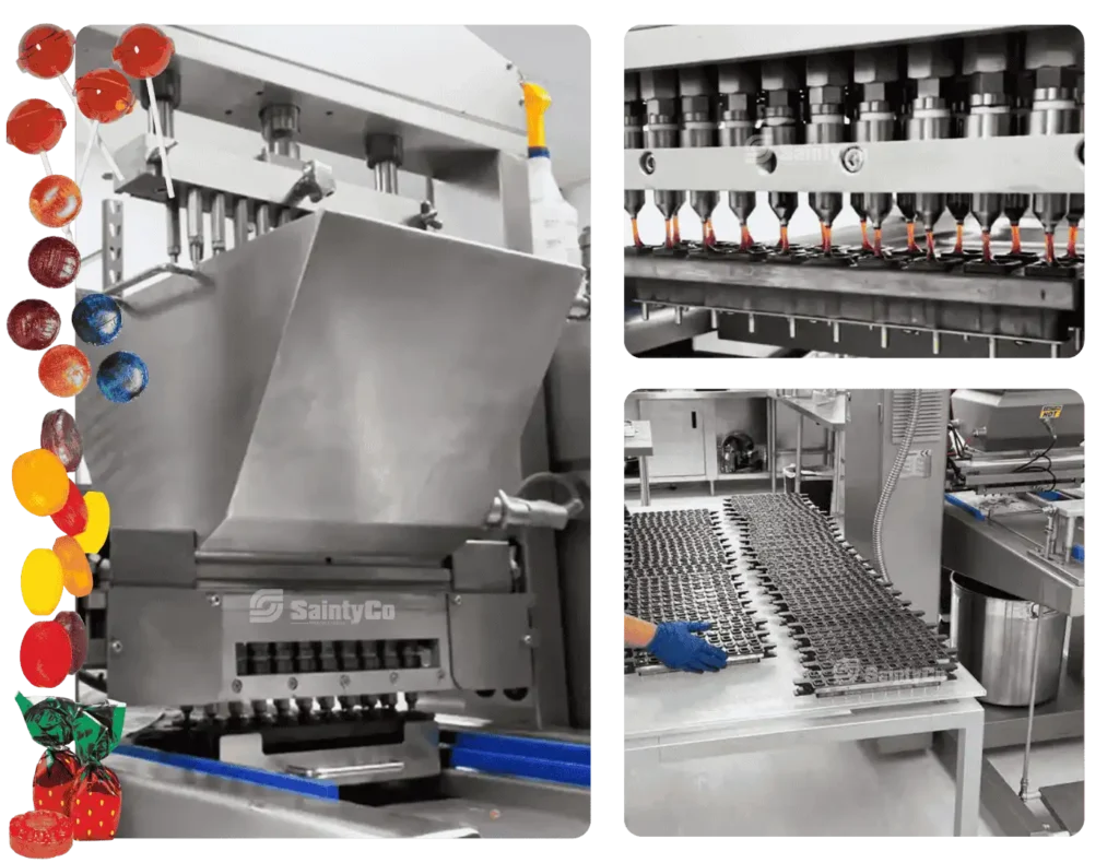 Three images show an automated candy production machine from a leading gummy machine supplier filling gummy molds with liquid, with colorful gummy candies displayed along the left edge of the collage.